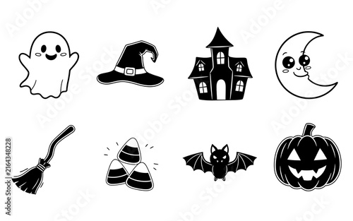 Set of cute black and white halloween icons including ghost pumpkin bat and witch hat illustrations