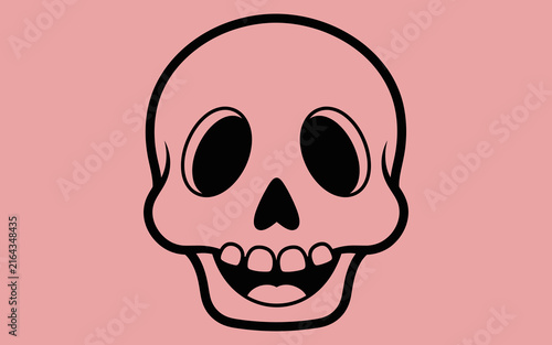 Black outline of a happy cartoon human skull isolated on a solid light pink background
