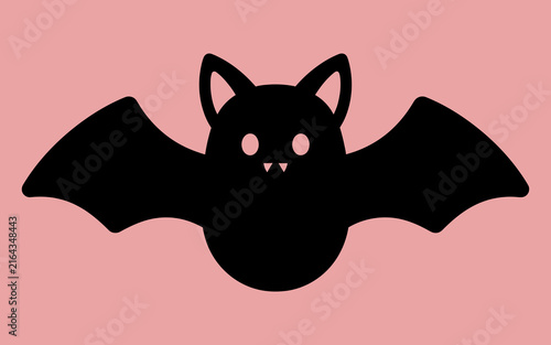 Black bat silhouette icon flying with spread wings isolated on a plain light red background