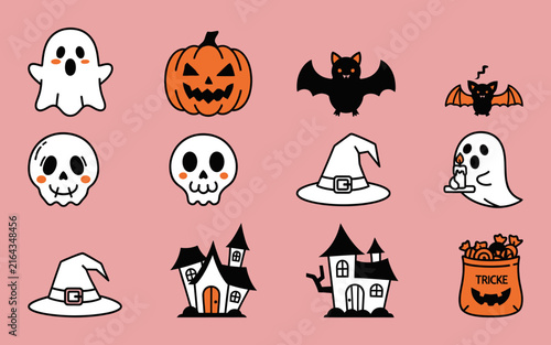 Cute pixel art halloween icon set with ghost pumpkin bat skull witch hat and haunted house design