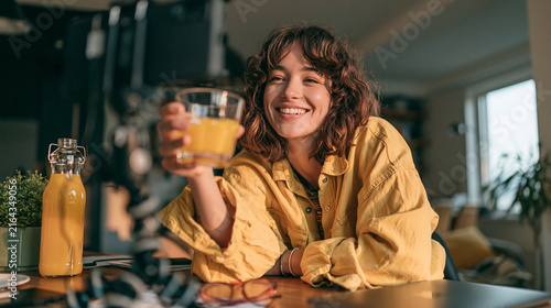 Smiling Female Vlog Creator Holding Glass of Orange Juice Filming Content with Smartphone