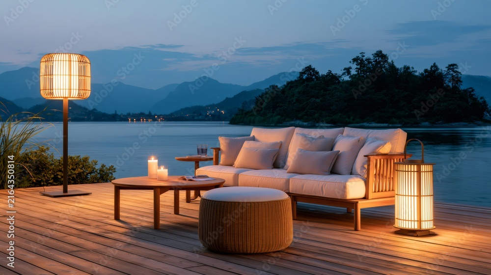 Fototapeta premium Outdoor lounge furniture on deck at twilight lake