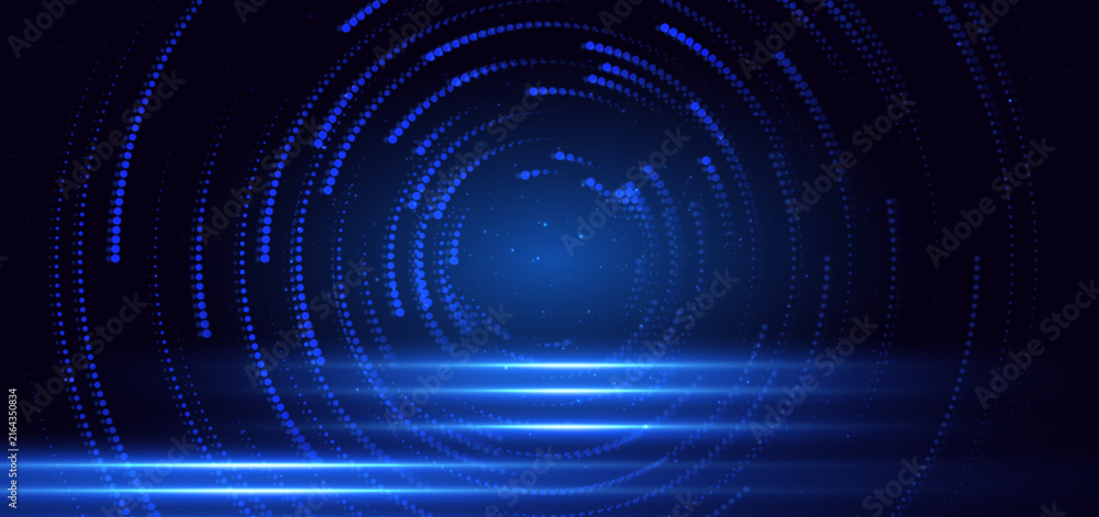 Naklejka premium Abstract Blue Digital Technology Background with Glowing Particle Rings and Light Trails.