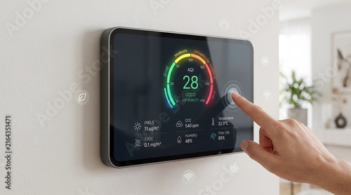 Smart home air quality monitor screen with hand touching display