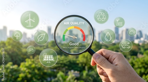 Hand holding magnifying glass over air quality meter showing good levels