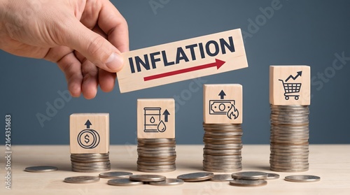 Hand placing inflation block on rising coin stacks with economic icons