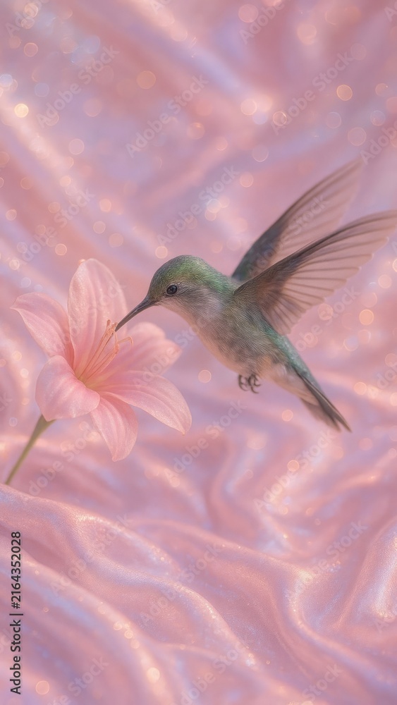 Naklejka premium Hummingbird near pink flower