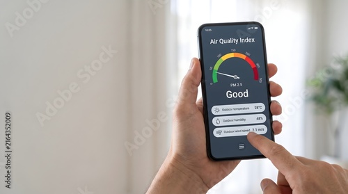 Person checking smartphone air quality app showing good conditions