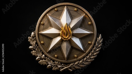 3D Illustration of Azerbaijan Military Emblem with National Flag, Eight Pointed Star and Golden Flame Symbol