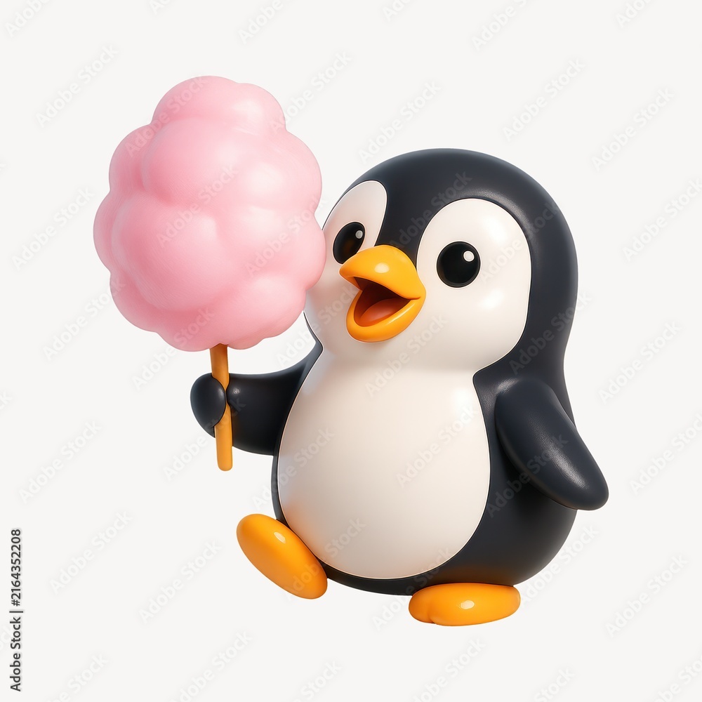Fototapeta premium Cute penguin holding cotton candy.