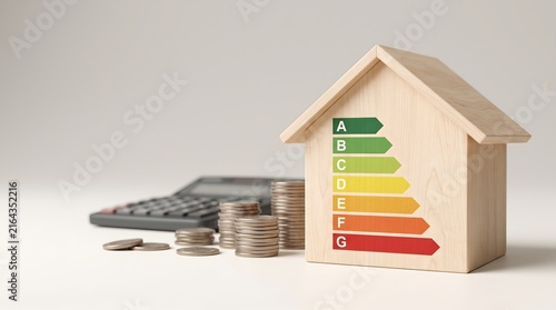 Wooden house model with energy efficiency rating and coins