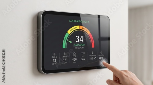 Smart air quality monitor displays good AQI with detailed metrics