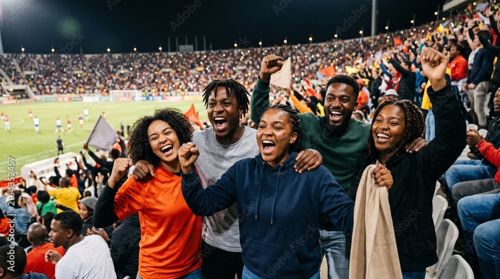 Obraz premium Excited diverse group of friends cheering and celebrating at a soccer match in a stadium
