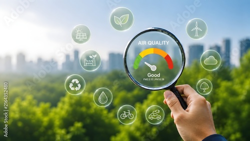Hand holding magnifying glass over air quality meter with environmental icons