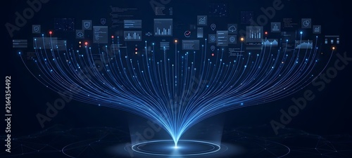 Digital data streams with glowing blue particles and interface elements