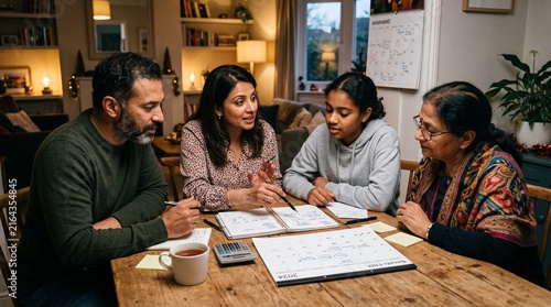 Multi generational Indian family planning finances and schedule together at home