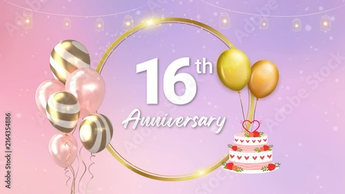 16th Wedding Anniversary Greeting Video Template with Gold Balloons and Celebration Cake