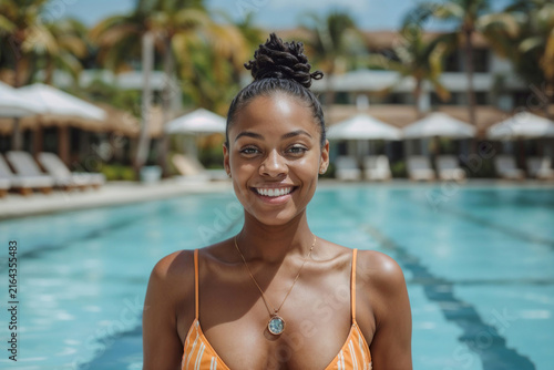 Black woman smiles at camera by sunny outdoor swimming pool. Cheerful female person relaxes