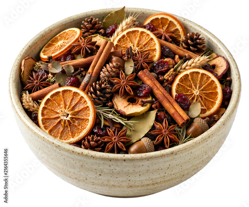 Bowl of Dried Orange Cinnamon and Star Anise Isolated on Transparent Background