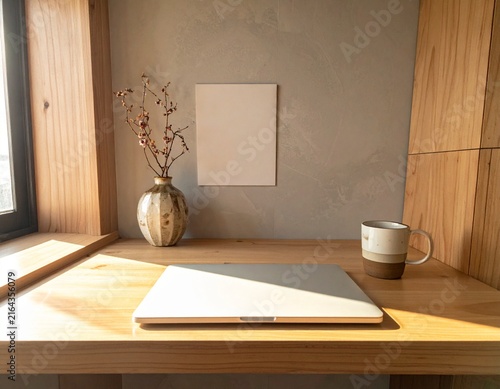 Modern home office with laptop and minimalist interior workspace in warm natural light