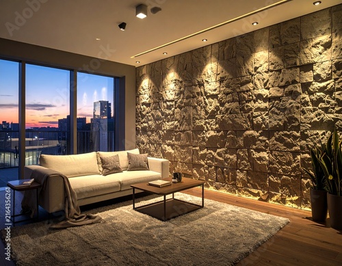 Modern living room with stone accent wall and large window in contemporary interior