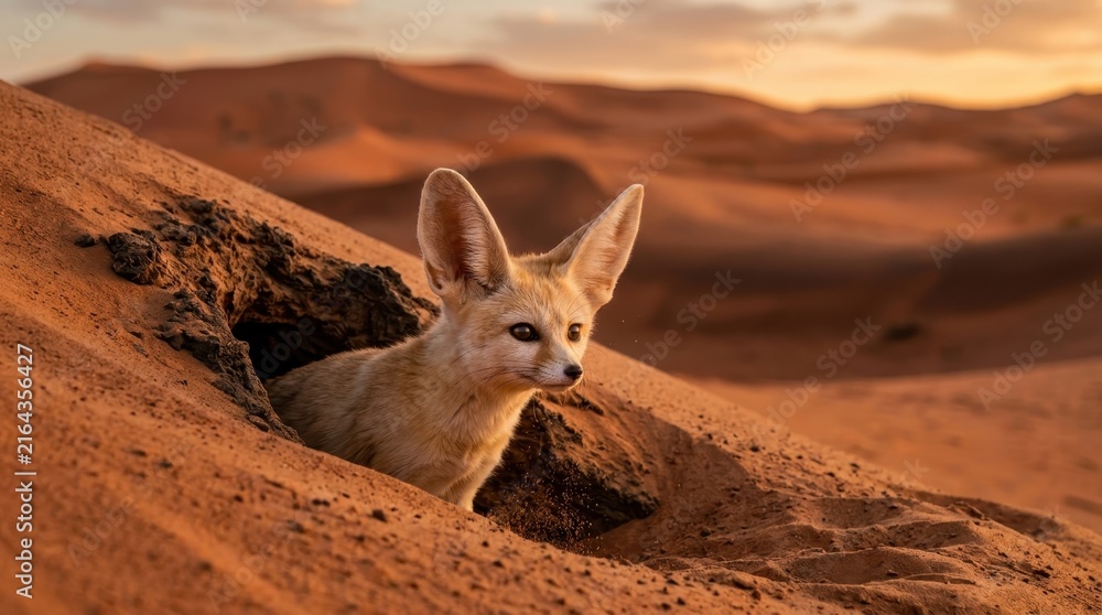 Naklejka premium Adorable fennec fox peeking out from its burrow in the vast Sahara desert dunes