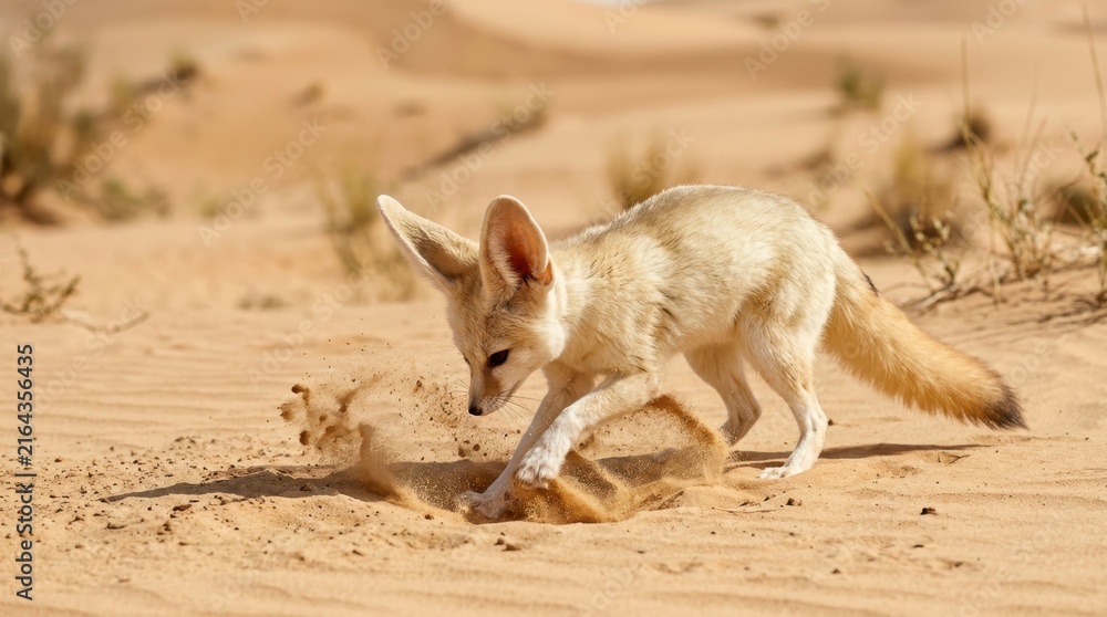 Naklejka premium Fennec fox digging in the sand with large ears alert in the desert
