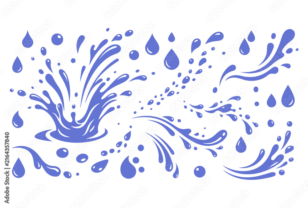 Fototapeta premium Set of blue water splashes and drops vector illustration on white background with water splash liquid splash icon drop vector fluid motion water wave splash design water symbol isolated