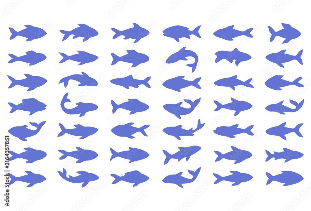 Fototapeta premium Set of blue fish silhouettes isolated on white background in various poses and shapes with silhouette wildlife collection isolated underwater swimming tropical saltwater freshwater vertebrate