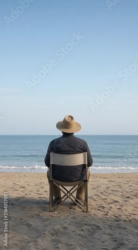 Solitary Figure in Straw Hat Sitting on Beach Chair Gazing at Calm Ocean Waters