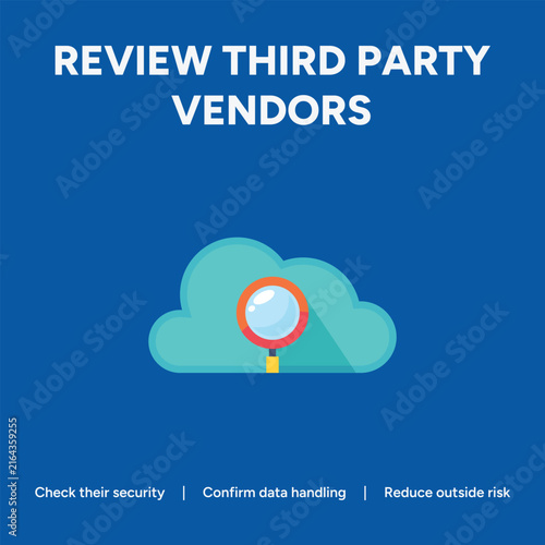 Review third party vendors business concept vector, cloud computing security audit with magnifying glass icon, data handling and risk management banner for corporate compliance and safety