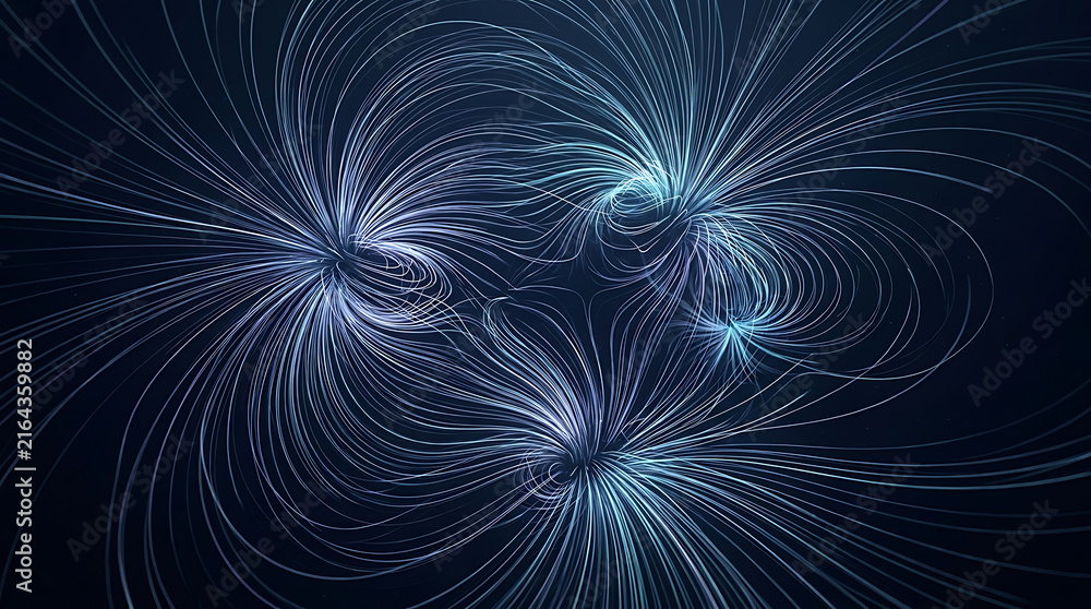 Fototapeta premium Abstract digital data stream with glowing blue light particles and flowing network lines.