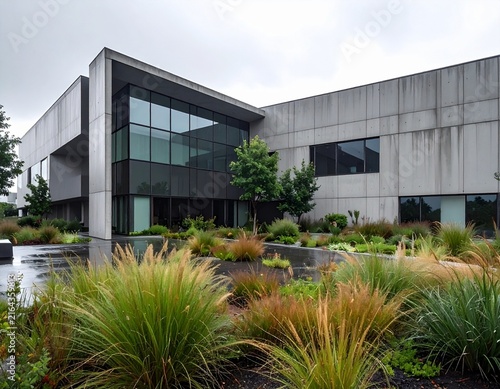 Modern office courtyard with landscaped garden and contemporary concrete architecture