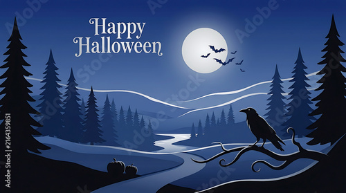 Happy halloween greeting card with a raven in the forest