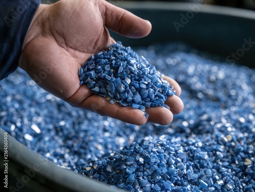 a hand holding a handful of small blue plastic regrind pellets over a container full of recycled plastic material 