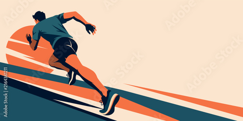 Running man. Marathon race poster. Vector banner with a close-up of a runner in motion. Sports poster with space for text for fitness, competitions, sports promotion, web, healthy lifestyles