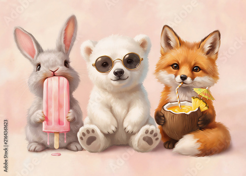 Cute plush animals, graphic illustration. beautiful drawing. artificial intelligence generator, AI, image of a neural network. background for design.