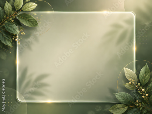 Elegant Glass Frame with Green Leaves and Gold Accents Background