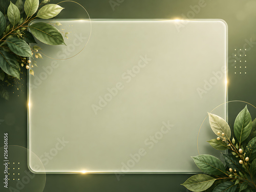 Elegant Glassmorphism Frame with Green Leaves and Gold Accents for Presentation Background