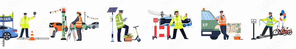 Fototapeta premium Flat illustration of diverse scenes involving police officers, traffic controllers, and infrastructure workers managing urban traffic and mobility on a white background.