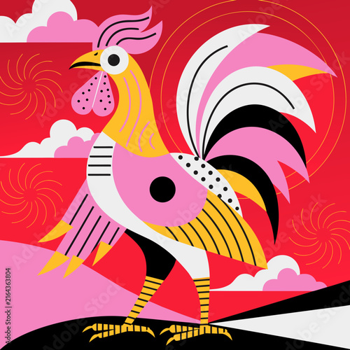 Vector modern abstract illustration of a rooster, linear Chinese lanterns, red gradient background, poster style