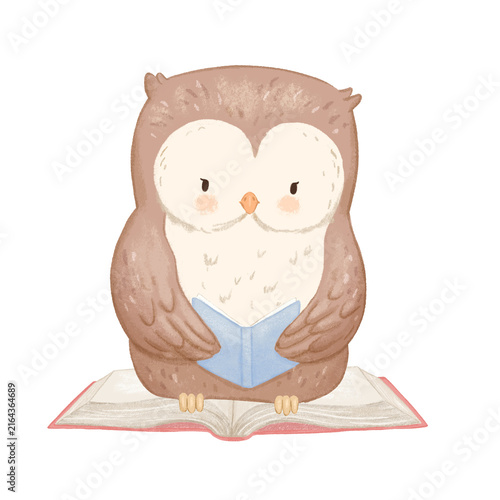 Cute owl with glasses reading book. Watercolour illustration isolated on white background for children. School design