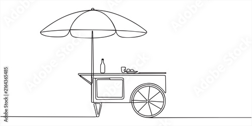 Minimalist Continuous Line Drawing of a Street Food Cart with an Umbrella. 