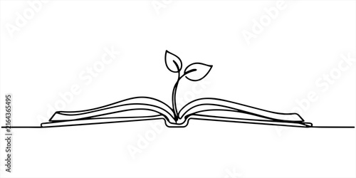 Minimalist Continuous Line Drawing of an Open Book with a Growing Sprout. 