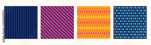 Abstract Mexican fiesta seamless pattern set. Day of the Dead geometric background collection with stripes, argyle and polka dots. Vector illustration.