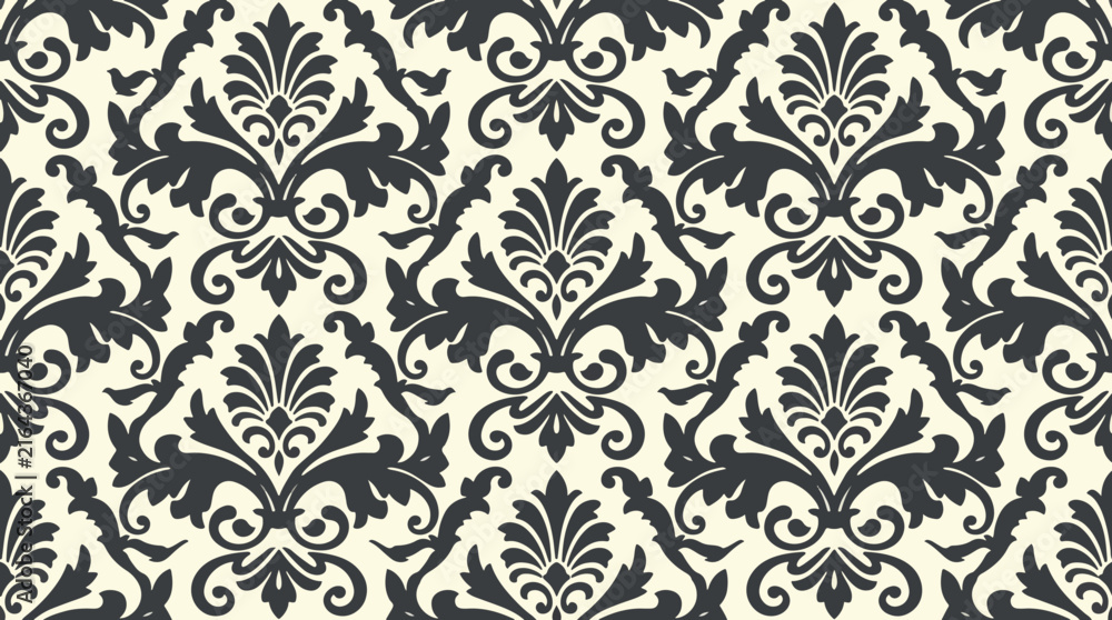 Fototapeta premium Elegant Vintage Botanical Ornament Flock Damask Background with Symmetrical Floral Motif Design