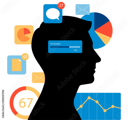 Man silhouette processing digital data, messages, files, downloads and analytics. Concept of information overload. Stock vector illustration