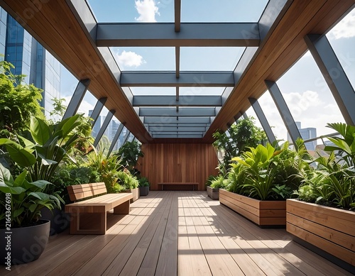 Contemporary rooftop courtyard featuring plants, seating area, and spacious outdoor architecture