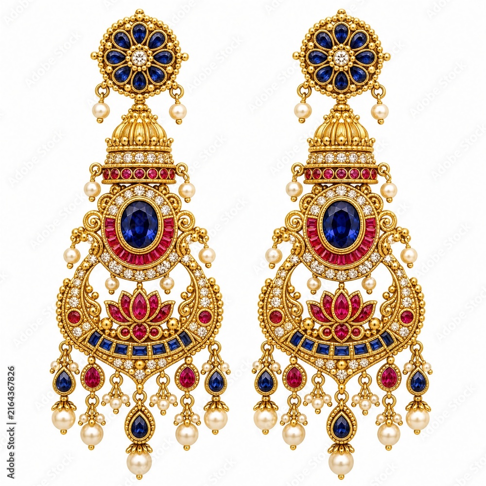 Fototapeta premium Gold chandelier earrings with sapphire and temple motifs