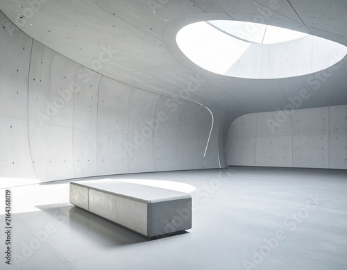 Modern minimalist concrete interior with flowing organic architecture and sculptural forms